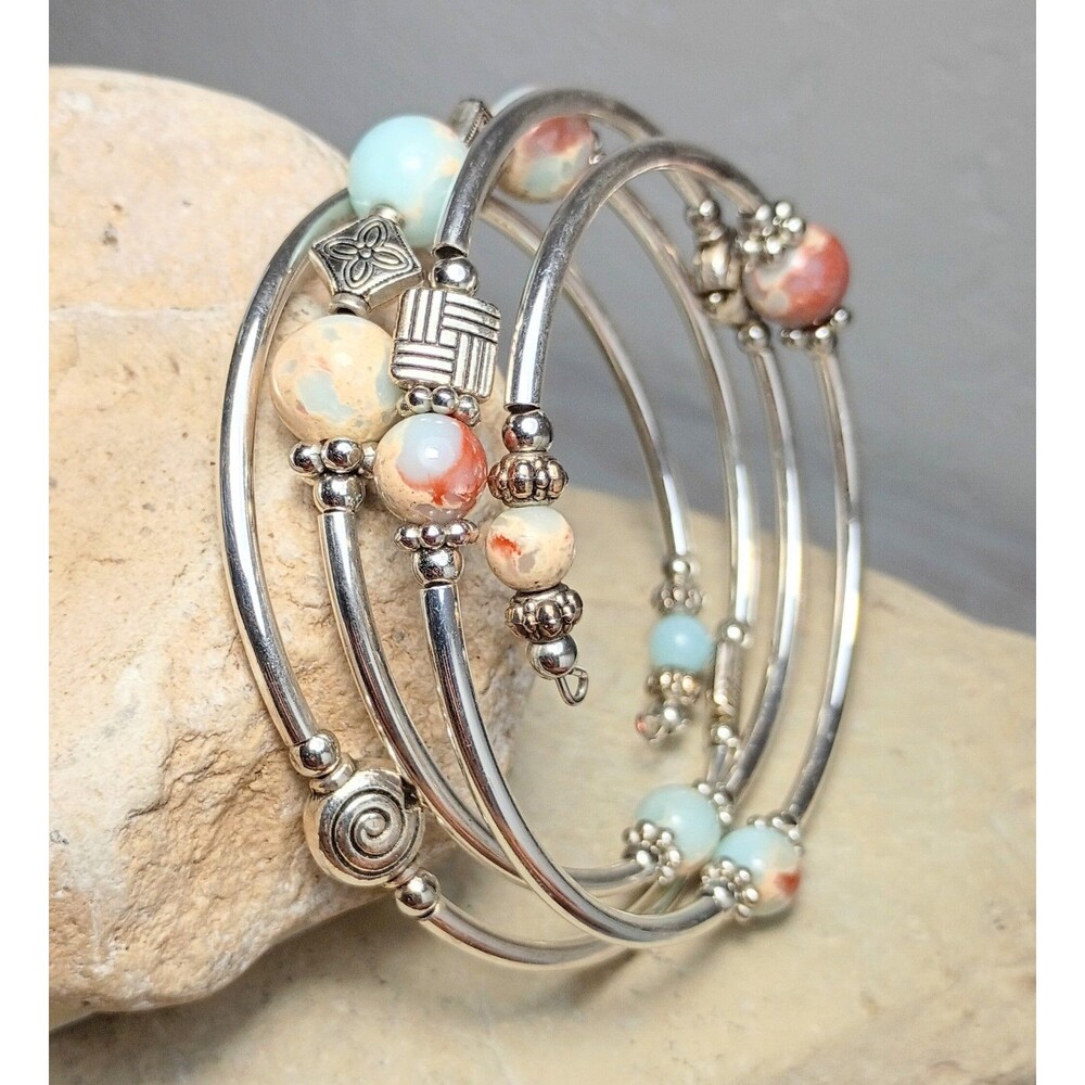 Botswana Agate Silver Plate Beaded Wrap Coil Bracelet